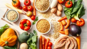 Overhead flat lay of colorful fresh vegetables, whole grains, and lean proteins arranged on light wooden surface with soft natural morning light, aspirational healthy eating lifestyle