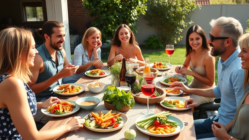Diverse group of friends sharing a wholesome family-style dinner outdoors on sunny afternoon, plates filled with vibrant vegetables and whole foods, relaxed joyful dining