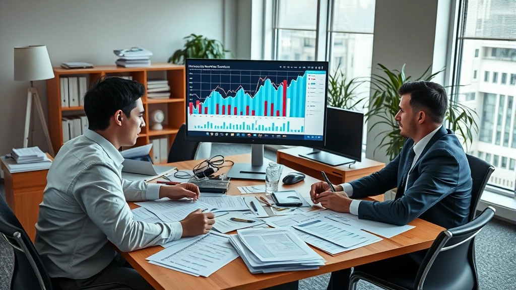 Corporate office with financial documents spread across desk, declining charts displayed on computer monitor, professional atmosphere with concerned expressions, natural lighting from windows, modern furniture, papers scattered