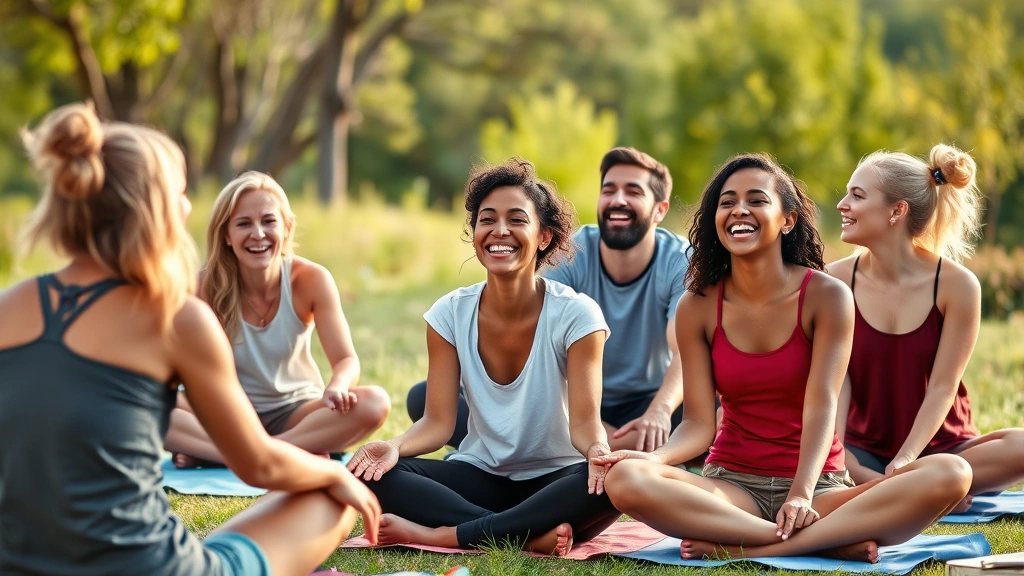 Diverse group of people laughing together at outdoor wellness retreat, sitting on yoga mats in nature, genuine connection and joy