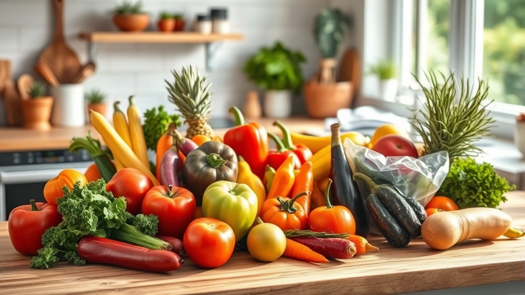 Colorful fresh vegetables and fruits arranged artfully on wooden kitchen counter with morning sunlight, vibrant and appetizing whole foods
