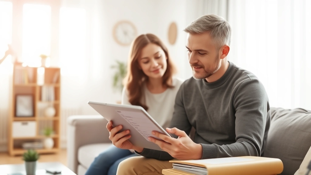 Peaceful home interior with natural light, person reviewing maintenance checklist on tablet, organized filing system visible, modern minimalist aesthetic, warm inviting atmosphere, family home setting