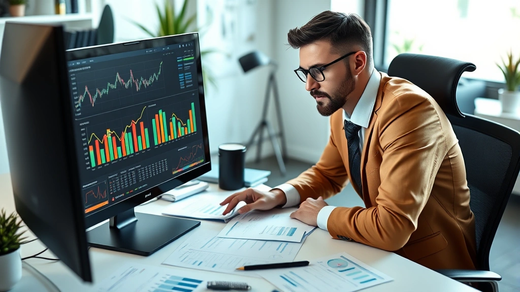 Professional financial advisor reviewing investment portfolio on computer, organized desk with documents and charts, confident focused expression, modern office environment, natural lighting, diverse representation