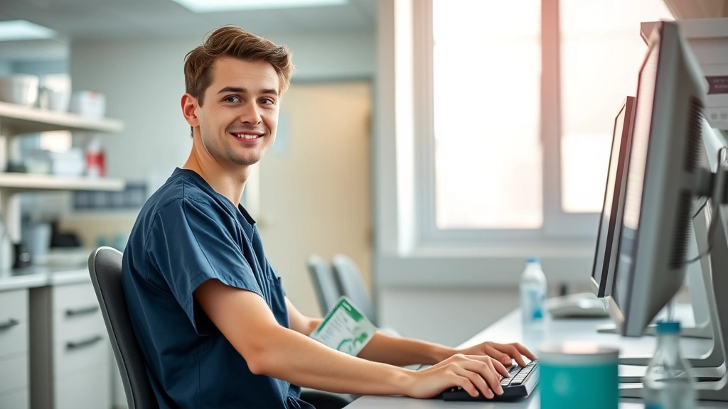 Young healthcare professional in scrubs working at computer station in modern hospital laboratory, natural lighting, professional environment, confident expression