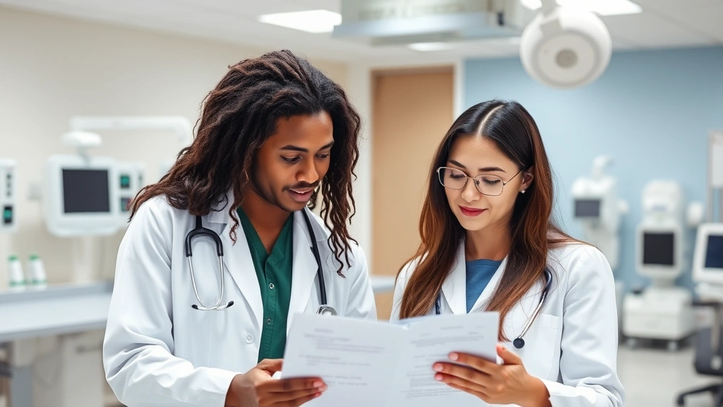 Two diverse medical professionals reviewing patient charts together, clinical setting with medical equipment visible, collaborative atmosphere, modern healthcare facility