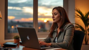 Professional woman at desk during sunset, relaxed expression, laptop open but attention focused on window view, warm office lighting, plant visible, representing intentional work boundaries and peaceful disconnection