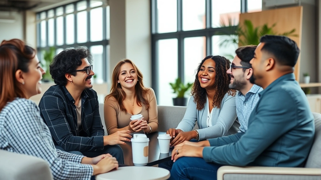 Diverse team in modern office space laughing together during break time, natural light, comfortable seating area, coffee cups, genuine connection and positive workplace relationships visible
