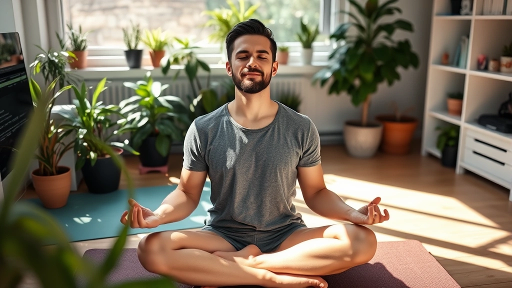 Individual meditating in home workspace with morning sunlight, yoga mat partially visible, plant-filled room, peaceful expression, representing mental wellness and stress management practices in work environment