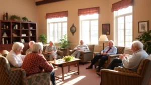 Warm sunlit common room with seniors engaged in conversation and card games, comfortable seating, natural light from windows, peaceful Asheville-inspired decor with earth tones
