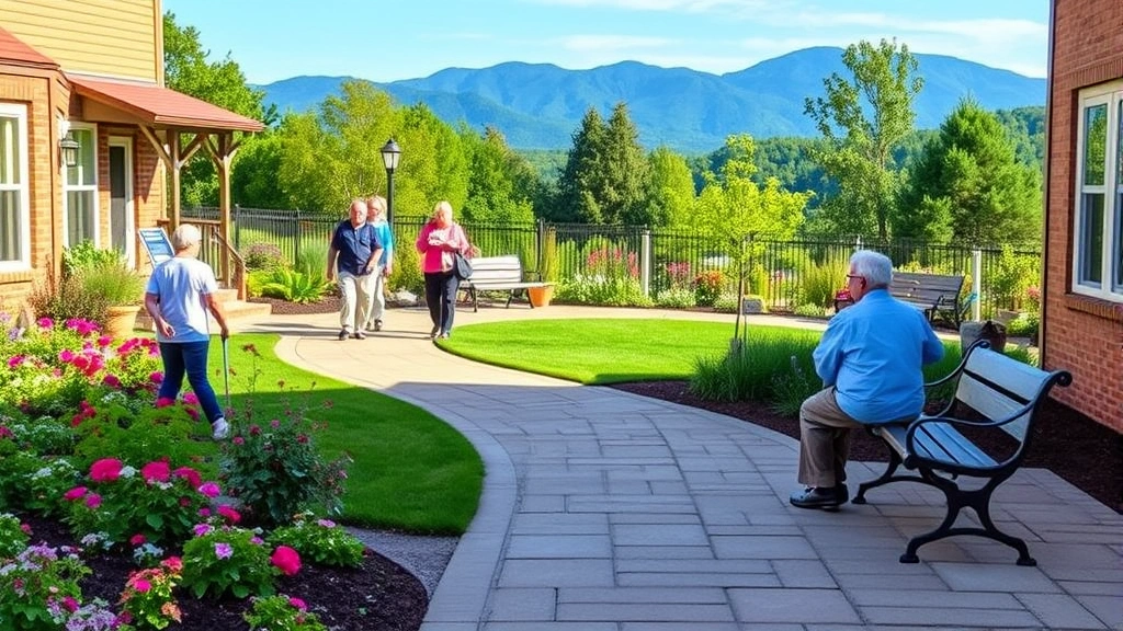 Outdoor garden courtyard with secure paved pathways, seniors strolling and sitting on benches, flowering plants and greenery, Blue Ridge mountain views in background, peaceful natural setting