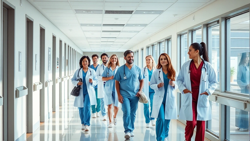 Modern hospital corridor with natural lighting, diverse healthcare professionals walking together wearing scrubs and white coats, clean contemporary medical facility interior, warm welcoming atmosphere
