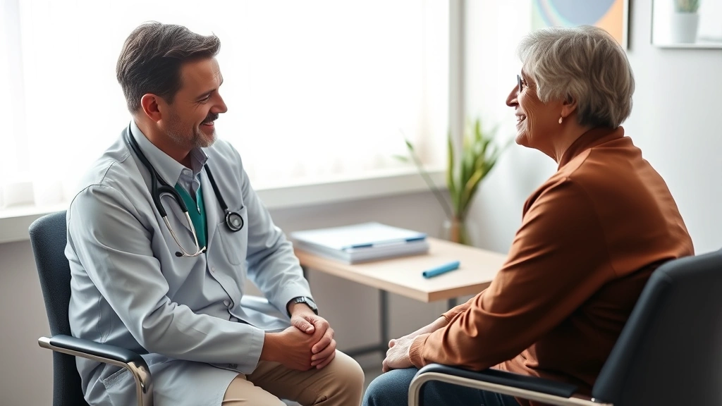 Patient consultation room scene showing compassionate doctor listening to middle-aged patient, comfortable seating, medical charts on desk, natural window light, trust-building healthcare interaction