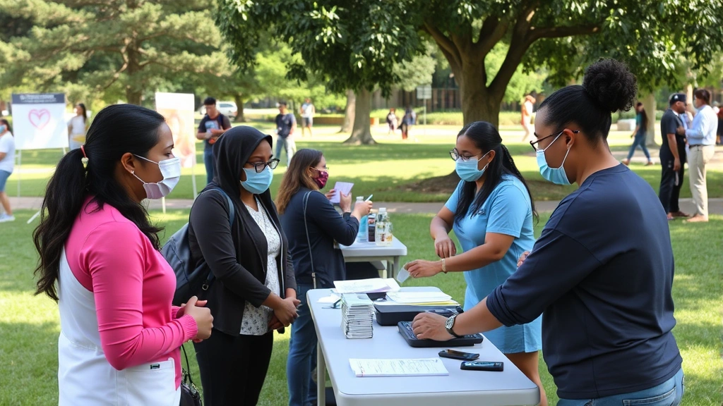Community health screening event outdoors, healthcare workers providing blood pressure checks to diverse residents, wellness booths, green space, positive community engagement, daytime