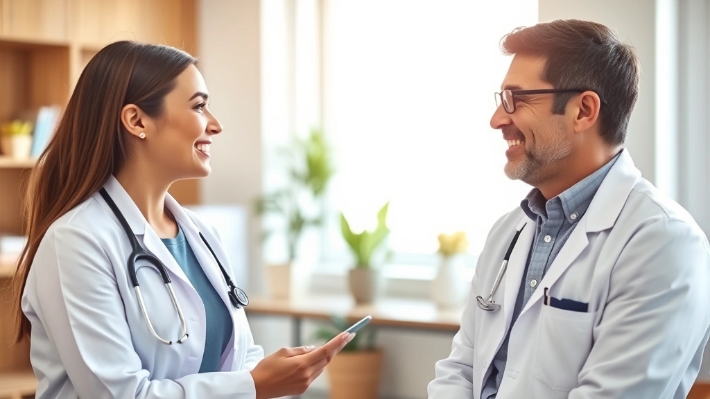 Professional female doctor in white coat consulting with diverse middle-aged male patient in bright modern clinic office with natural window light, warm welcoming atmosphere, both smiling