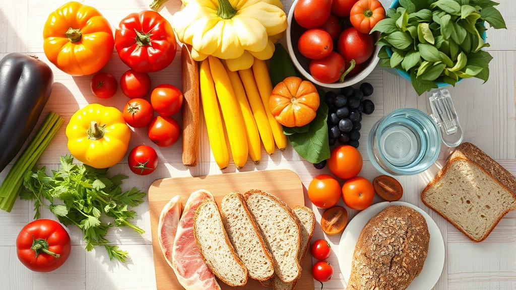 Overhead flat lay of colorful fresh vegetables, fruits, whole grain bread, lean proteins, and water glass arranged on light wood table with morning sunlight streaming across