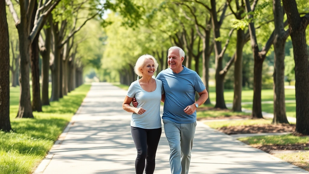 Active senior couple walking together on tree-lined park path on sunny day, both smiling, wearing comfortable athletic wear, natural green surroundings