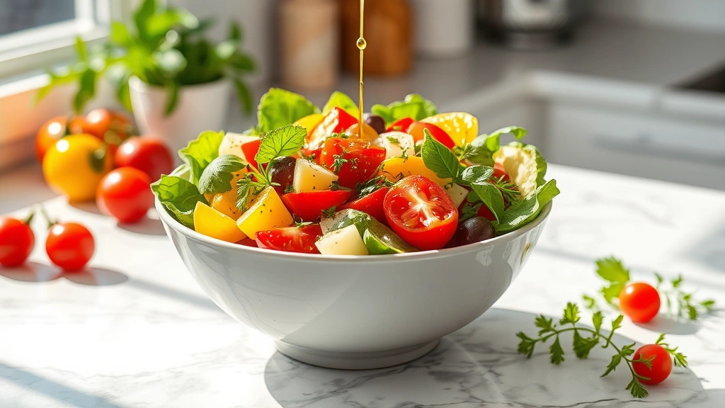 Vibrant Mediterranean salad bowl with colorful vegetables, olive oil drizzle, fresh herbs on white marble counter with natural sunlight, bright and appetizing lifestyle photography