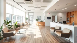 Modern medical clinic waiting room with comfortable seating, natural light, and welcoming reception area in contemporary healthcare facility