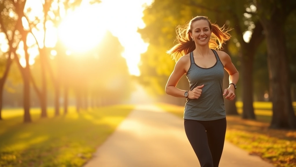 Woman jogging outdoors in morning sunlight through tree-lined park path, athletic wear, happy expression, golden hour lighting, peaceful natural scenery, wellness lifestyle