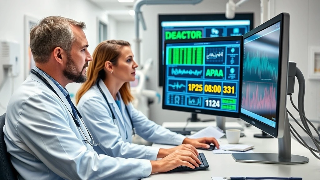 Healthcare professionals in clinical setting reviewing patient records at computer workstation with modern medical technology visible