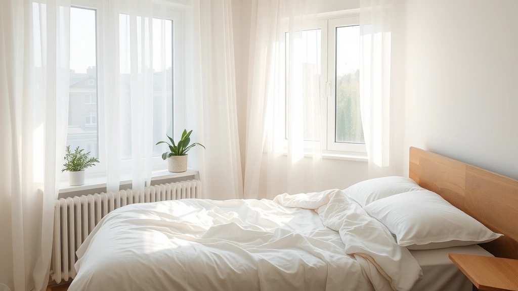Peaceful bedroom with soft morning light through sheer curtains, unmade bed with white linens, plants on windowsill, minimalist calming atmosphere, serene sleep environment photography