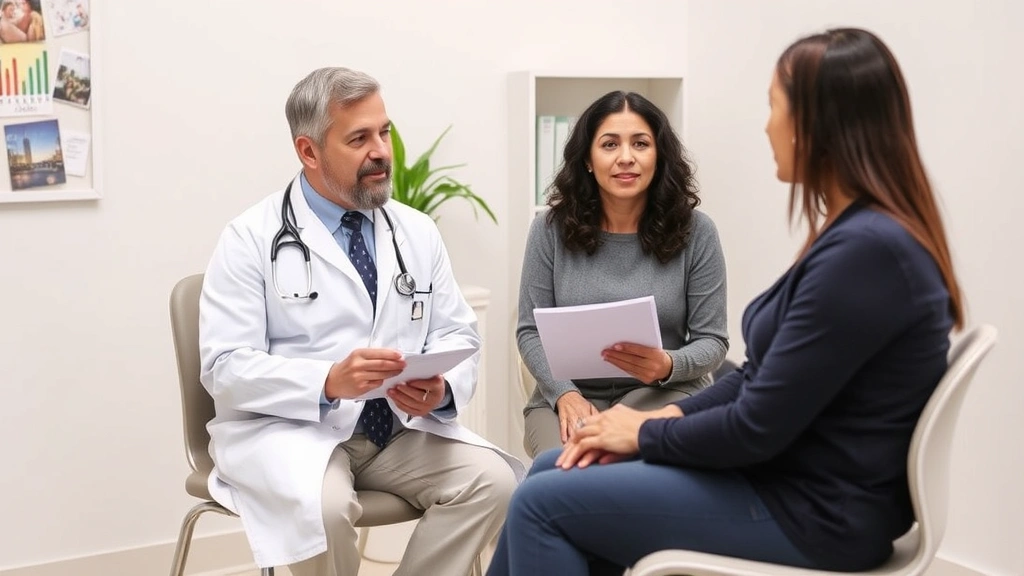 Patient consultation room with physician and patient discussing health information, professional and comfortable medical environment