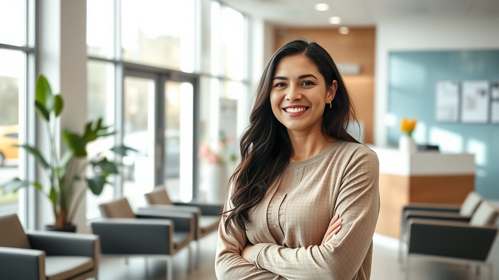 Woman smiling at medical receptionist in modern clinic waiting room, natural light from windows, contemporary healthcare facility interior with comfortable seating