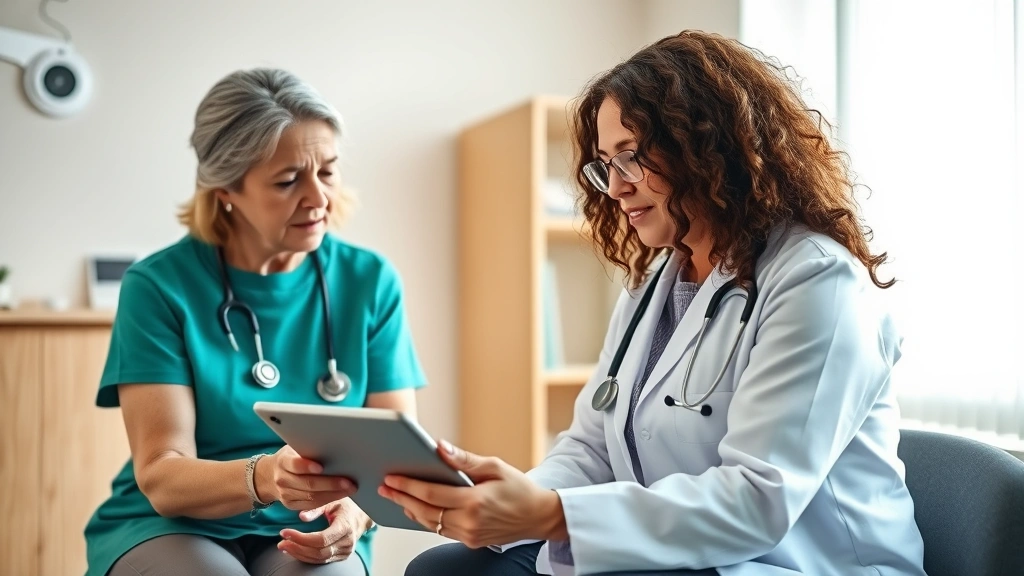 Patient discussing health concerns with female doctor in bright examination room, both looking at tablet, professional yet warm atmosphere, stethoscope visible