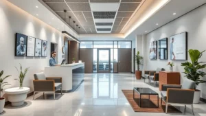 Modern medical clinic reception area with welcoming staff at desk, bright lighting, comfortable seating, contemporary healthcare facility interior design, professional atmosphere