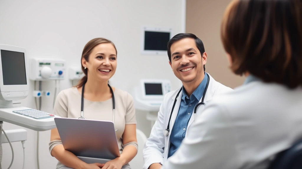 Female patient having consultation with male doctor in exam room, both smiling, modern medical equipment visible, trust and communication evident, contemporary healthcare setting