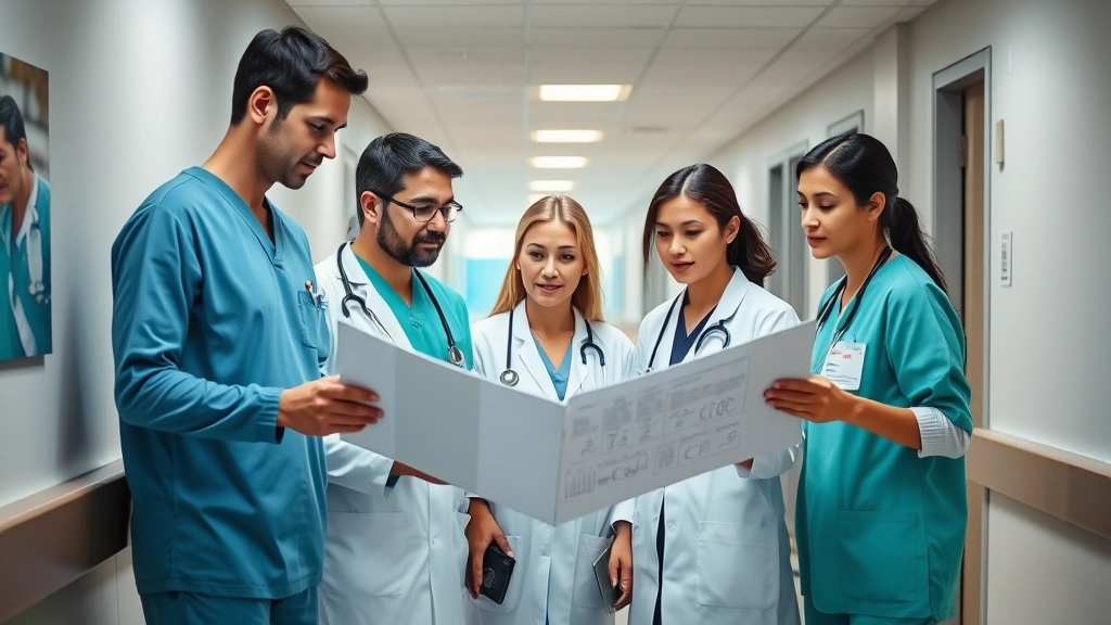 Healthcare team of diverse professionals including doctor, nurse, and staff member reviewing patient charts together, collaborative care environment, modern hospital hallway
