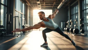 Professional athlete in modern gym stretching with morning sunlight, wearing athletic wear, focused expression, contemporary fitness equipment visible, photorealistic lifestyle photography