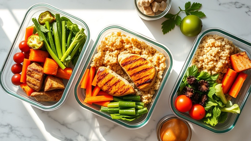 Overhead view of colorful meal prep containers with grilled chicken, fresh vegetables, brown rice, and healthy ingredients on marble countertop, bright natural lighting, aspirational wellness aesthetic
