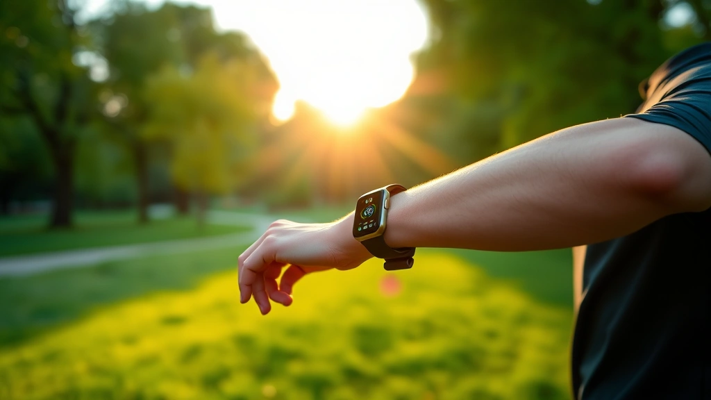 Person checking smartwatch during outdoor morning run in park, lush green scenery, athletic apparel, sunrise lighting, peaceful nature background, health tracking technology featured