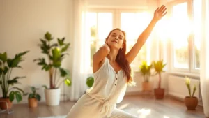 Vibrant woman in bright natural light stretching in morning yoga pose, flowing white linen clothing, peaceful bedroom with plants, golden hour sunlight streaming through windows, serene expression, wellness-focused lifestyle photography