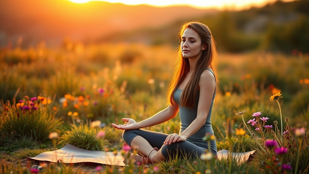 Woman meditating outdoors in nature setting, seated peacefully on yoga mat surrounded by wildflowers and greenery, sunset golden hour lighting, calm expression, natural landscape background, wellness and mindfulness lifestyle