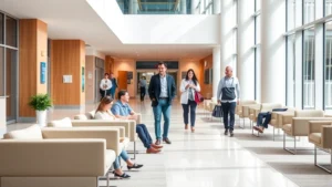 Modern hospital lobby with natural light, comfortable seating areas, contemporary architectural design, patients and visitors in business casual attire, warm welcoming atmosphere with healthcare professionals visible in background