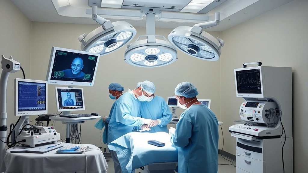 State-of-the-art surgical operating room with integrated technology, advanced monitoring equipment, surgical team in scrubs performing minimally invasive procedure, bright surgical lighting, sterile environment with modern medical instruments