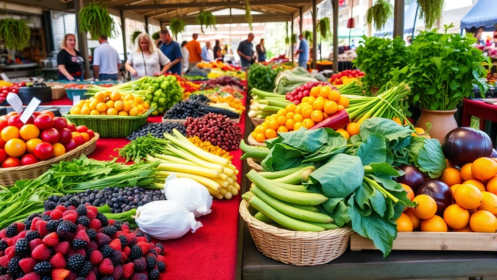 Colorful farmer's market scene with fresh organic vegetables, berries, leafy greens, and citrus fruits displayed on wooden tables, natural sunlight, people selecting produce, vibrant and healthy atmosphere