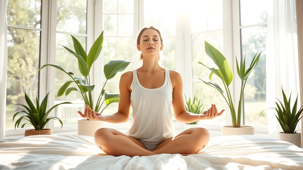 Woman meditating peacefully in bright morning sunlight streaming through large windows, surrounded by plants, serene bedroom environment with soft bedding, calm and rejuvenating wellness moment
