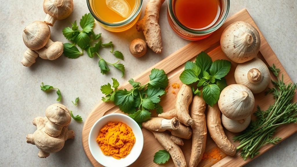 Overhead view of healthy meal preparation with mushrooms, ginger, turmeric, fresh herbs, wooden cutting board, warm tea steaming in background, natural kitchen lighting, wellness and nourishment theme