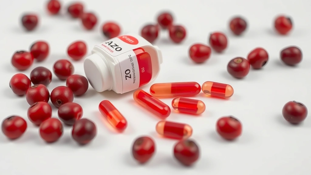 Close-up of Azo Cranberry supplement capsules arranged on white surface with fresh cranberries scattered around, clinical yet natural presentation