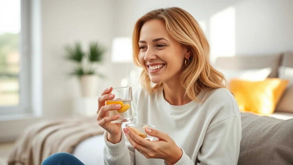 Woman in comfortable home setting smiling while taking daily supplement with glass of water, bright natural lighting, modern minimalist bedroom background