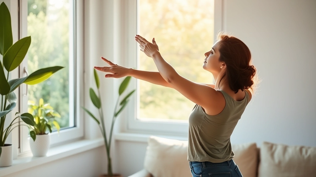 Peaceful woman in bright living room stretching by window with morning sunlight, green plants visible, natural wellness atmosphere, calm lifestyle moment