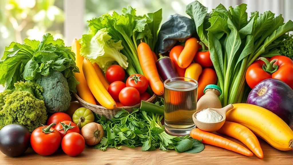 Colorful fresh vegetables and fruits arranged on wooden table with water glass, healthy nutrition setup, natural lighting, vibrant wellness food display