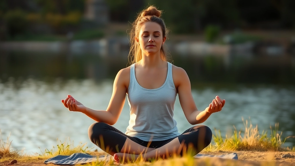 Person meditating in serene outdoor setting near water, surrounded by nature, peaceful expression, calm wellness practice, golden hour lighting