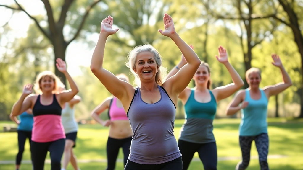 Diverse group of adults participating in outdoor fitness class in park setting, morning sunlight, everyone smiling and energized, athletic wear, trees in background