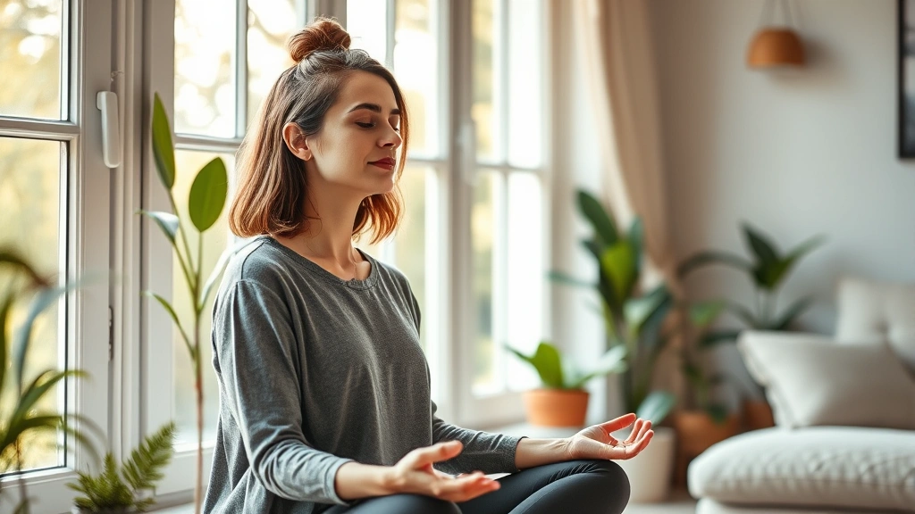 Woman meditating peacefully at home by window with natural light, serene expression, cozy wellness space with plants and soft furnishings, afternoon ambiance
