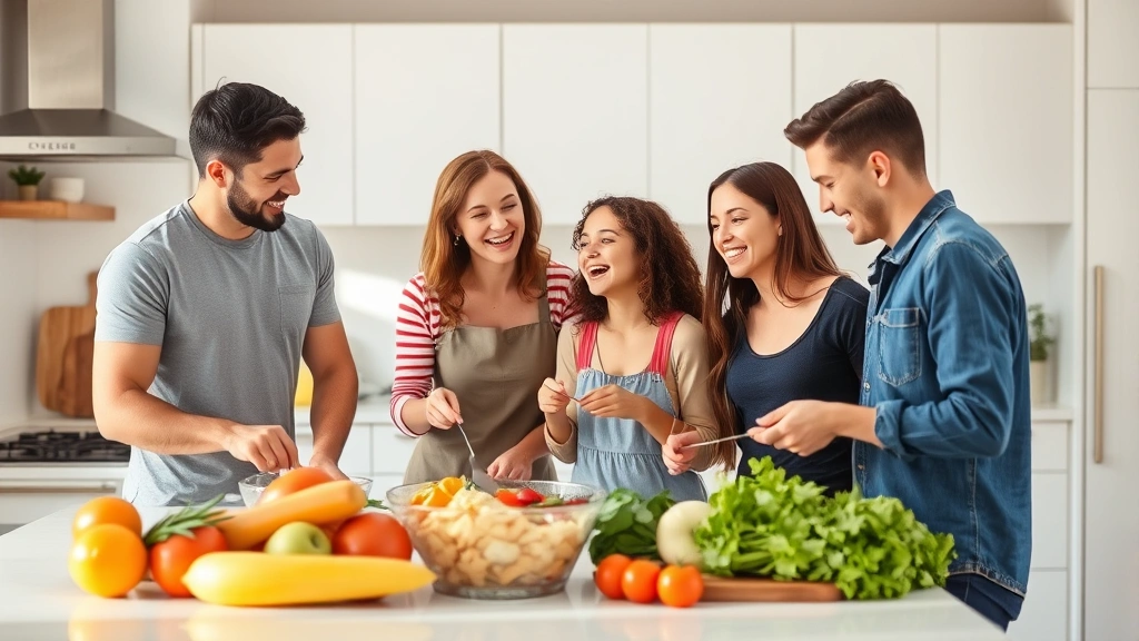 Family preparing healthy meal together in bright modern kitchen, fresh vegetables and fruits on counter, genuine laughter and connection, warm natural lighting