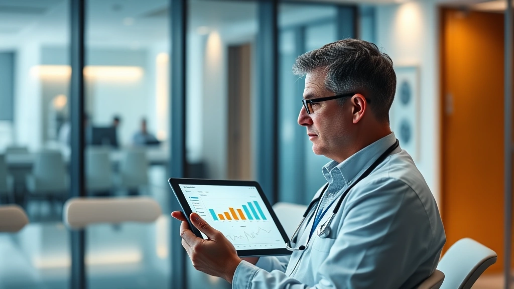 Healthcare administrator reviewing analytics dashboard on tablet in modern hospital conference room, professional attire, warm lighting, focused expression analyzing staffing metrics